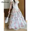 Korean Style Spring Summer Women Midi Ruffles Skirt Apricot Colorful Print Tiered Skirt Elegant Feminine Beading Party Princess Skirts Womens