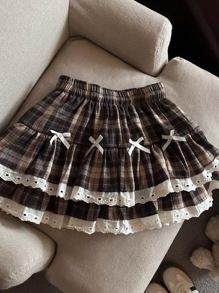 Women's Retro Lace Skirt Brown Sweet Cute Style Skirt Bow Y2k Clothing Summer