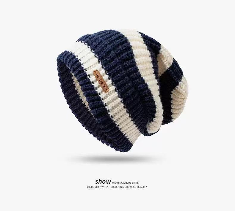 

Winter hat striped letters loose big head circumference wool hat women s autumn and winter warm versatile knitted hat stack hat