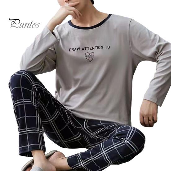 

2 шт./компл., мужской пижамный комплект, весенне-осенний комплект с круглым вырезом и длинным рукавом, клетчатый топ с буквенным принтом, длинные брюки с эластичной резинкой на талии, комплект мужской одежды для сна, домашняя одежда 3XL синий/серый