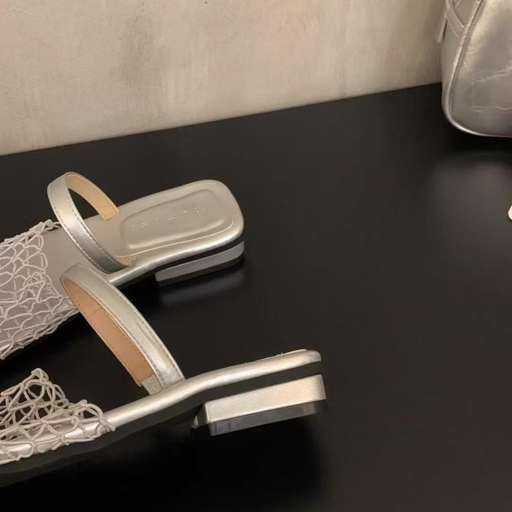 French fishing net surface bag head half slippers women's summer wear 2025 new with skirt niche flat bottom fisherman cool slippers