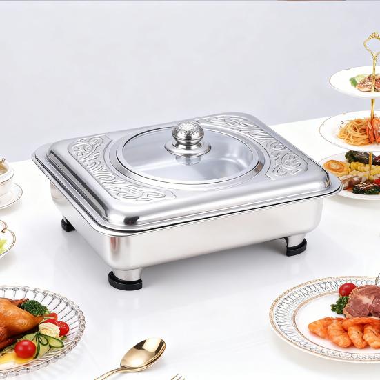 Paslanmaz Çelik Chafing Dish Büfe Isıtıcı Cam Kapaklı Çıkarılabilir Ayaklar Büfeler Oteller Açık Hava Barbekü Catering Hizmeti İçin Yemek Tabağı