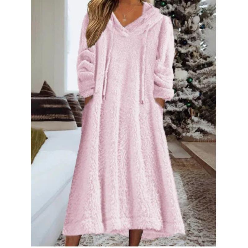 New Autumn Winter Casual Plush Hooded Long Sleeve Dress For Women Warm Home Wear Everyday Comfort Loose Maxi Dresses Robe Femme