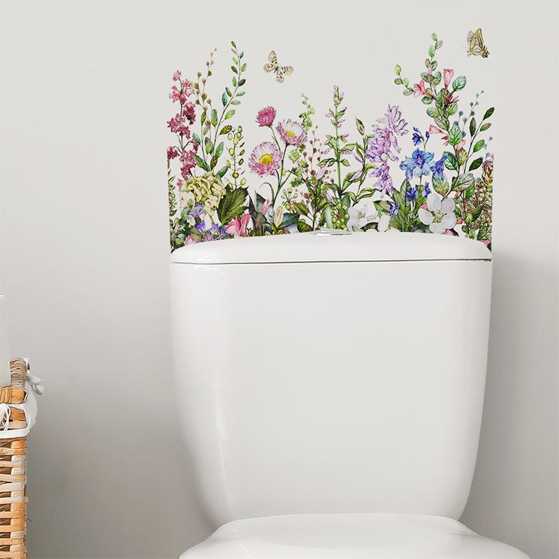 Various Green Plants Flowers Butterfly Wall Sticker Bathroom Toilet Decor