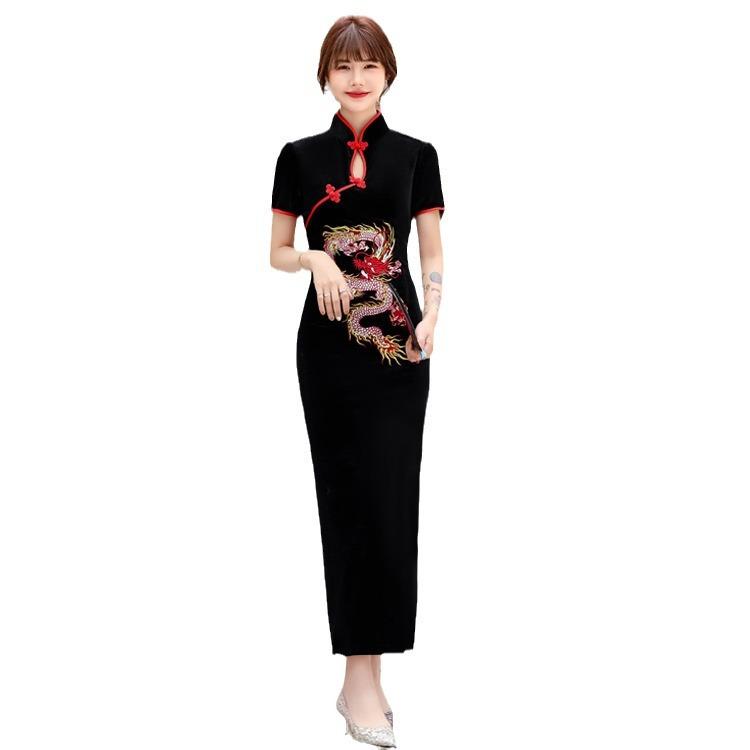 1011 New Spring and Summer Cheongsam Dress Long Chinese Embroidered Dragon Pattern Performance Women's Clothing Banquet Birthday Clothing