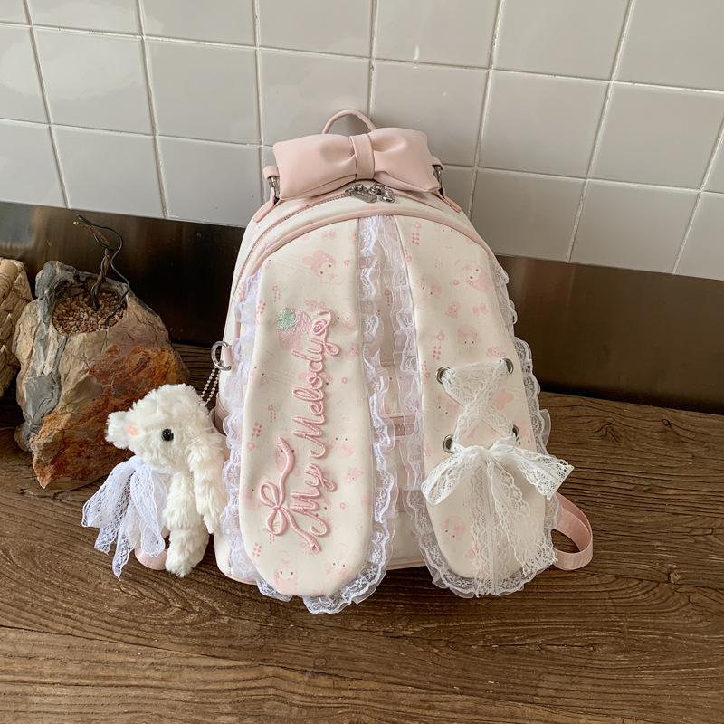 Schoolbag Cream Powder Floral Melody Backpack Sweet Girl Lace Bow Student School Bag Large Capacity Girl Backpack