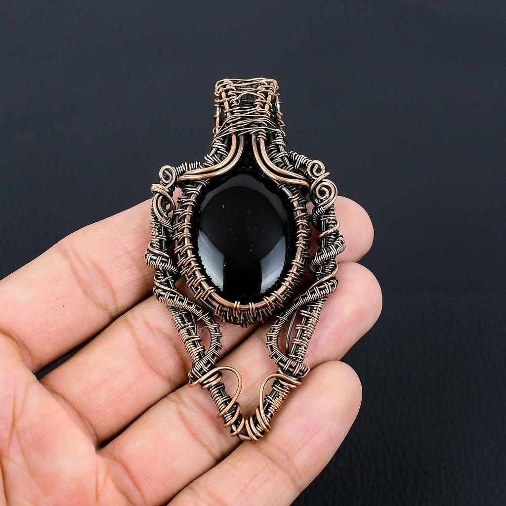 Black Onyx Gemstone Handmade Copper Wire Wrap Jewelry Pendant For Women