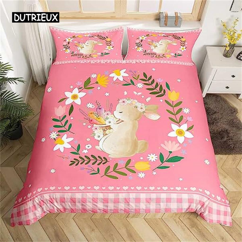 Easter Rabbit Duvet Cover Easter Bedding Set Floral Cute Rabbit Pet Queen Size Kawaii Presents Easter Day Gifts for Toddlers