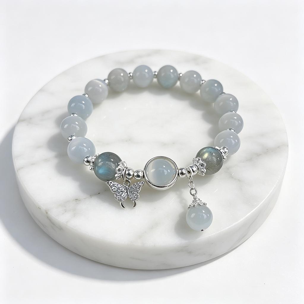 Dainty Blue Cats Eye Beaded Bracelet, Cute Butterfly Charm Elastic Hand Chain, Moonlight Opalite Stone Jewelry