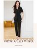 Women's Navy Blue Short-Sleeved Collarless Suit Set - Summer Workwear for Jewelry Shop Sales.