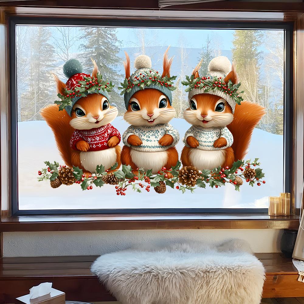 Electrostatic Cartoon Christmas Squirrel Electrostatic Adsorption Glue-free Glass Stickers Are Used for Christmas Decoration