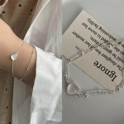 Women's S925 Silver White Topaz Heart Double Bracelet