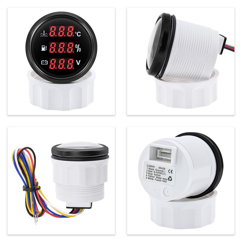 Digital 52mm Gauge Multifunctional Water Temperature+Fuel Level+Voltmeter 0-190ohm Red LED for Car Marine Boat Yacht Customized