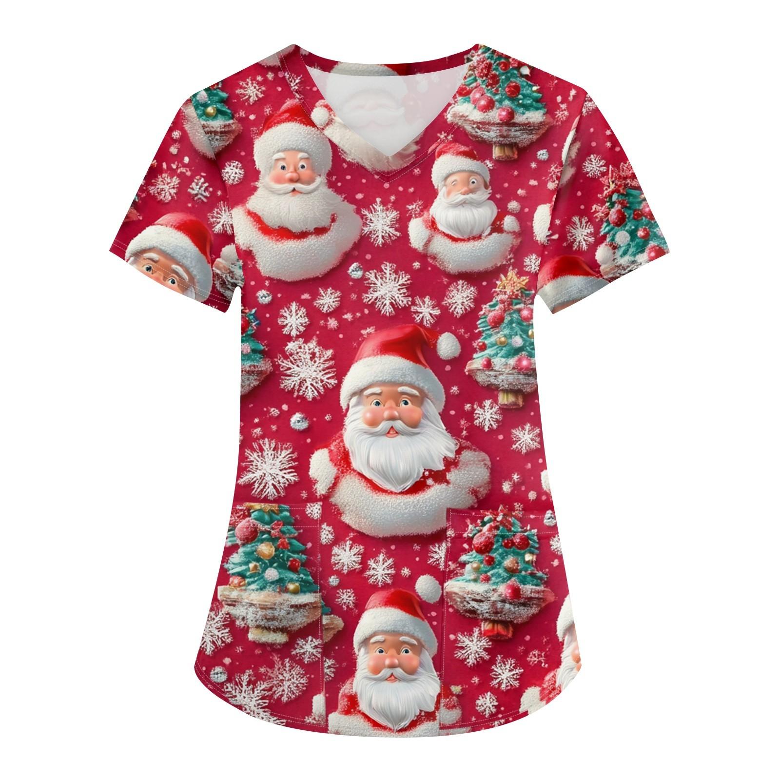 

Женская мода с v-образным вырезом, короткими рукавами и карманами, топы с рождественским принтом XL арбуз красный