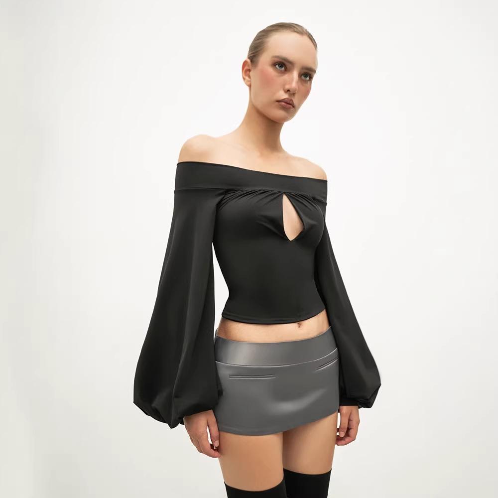 

European & American Women s Fashionable One-Shoulder Lantern Sleeve Top Medium чорний