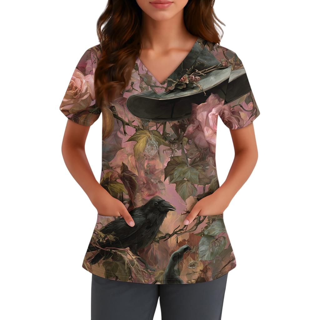 Women V Neck Short Sleeve Work Top with Pocket Halloween Print Scrub Shirt for Healthcare and Service Professionals