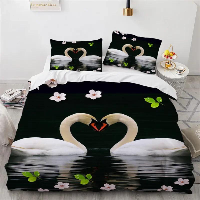 Couple Swan Duvet Cover King Queen For Girls Teen Room Decor Microfiber Romantic Flower Bedding Set Wild Animals Comforter Cover