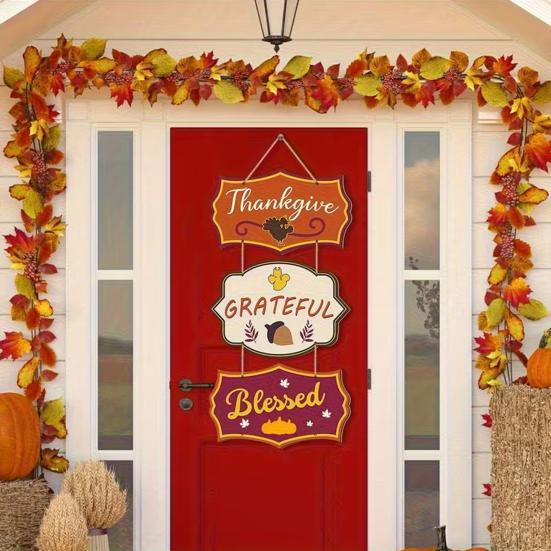 Wooden Door Sign, Farmhouse Autumn Hanging Decor  with Turkey Acorns, 3-Section Waterproof Porch Wall Sign, Prestrung Cotton Rope for Thanksgiving