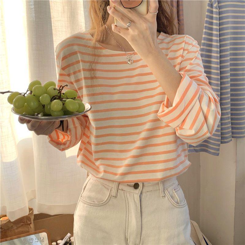 

Женская полосатая футболка с длинным рукавом - Осенний стиль 2025, круглый вырез, свободный крой, в корейском стиле, универсальный базовый топ. S (Recommended for up to 95 lbs) оранжевый