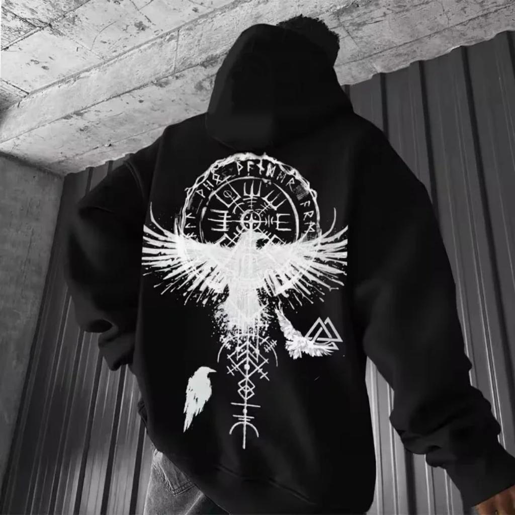 Herren Viking Totem Bedrucktes Kapuzensweatshirt Baumwolle Lockerer Schnitt Adler Muster Sportlich Modisch Freizeitkleidung MOTO