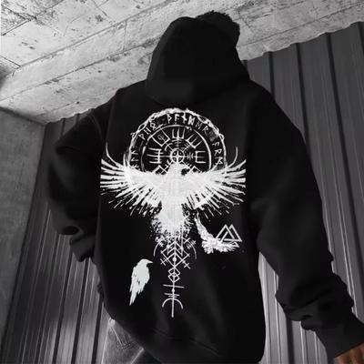 Men's Viking Totem Printed Hooded Sweatshirt Cotton Loose Fit Eagle Pattern Sporty Fashionable Casual Wear MOTO
