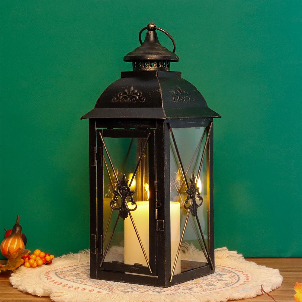 Vintage Black Metal Lantern with Hanging Top Candle Lantern for Home Wedding Decor