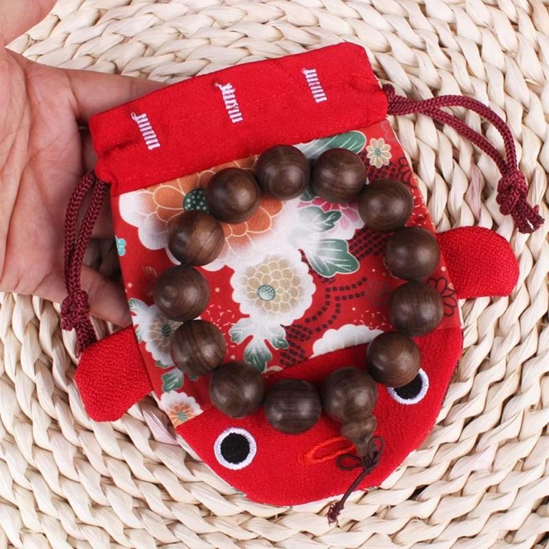 Cartoon Animal Canvas Flower Drawstring Bag Large Capacity Gold Fish Shape Handbag Coin Purse Wedding Candy Bag