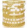 Gold Plated Bead & Pearl Bracelets for Women, 16PC Stackable Stretch Set | Elastic Cord Fits 6-7cm Wrists; Hypoallergenic, Lead & Nickel Free; Gift