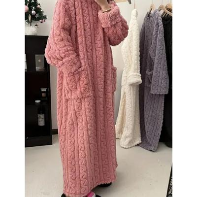 Ladies' Thick Coral Velvet Bathrobe - Super Soft Winter Sleepwear, Long Sleeve Round Neck Bathrobe, Comfortable and Warm Home Casual Clothing