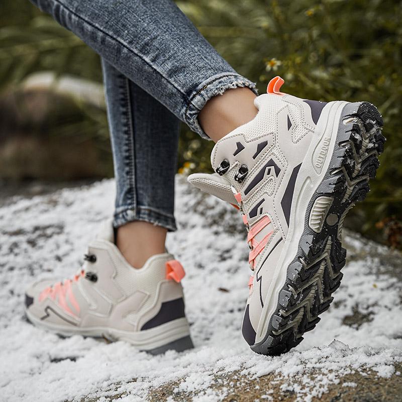 Damskie Buty Turystyczne Antypoślizgowe Sznurowane Wysokie z Podszewką z Polarowego Materiału Buty Trekkingowe Wygodne Ciepłe Zewnętrzne Buty do Chodzenia Buty Zimowe