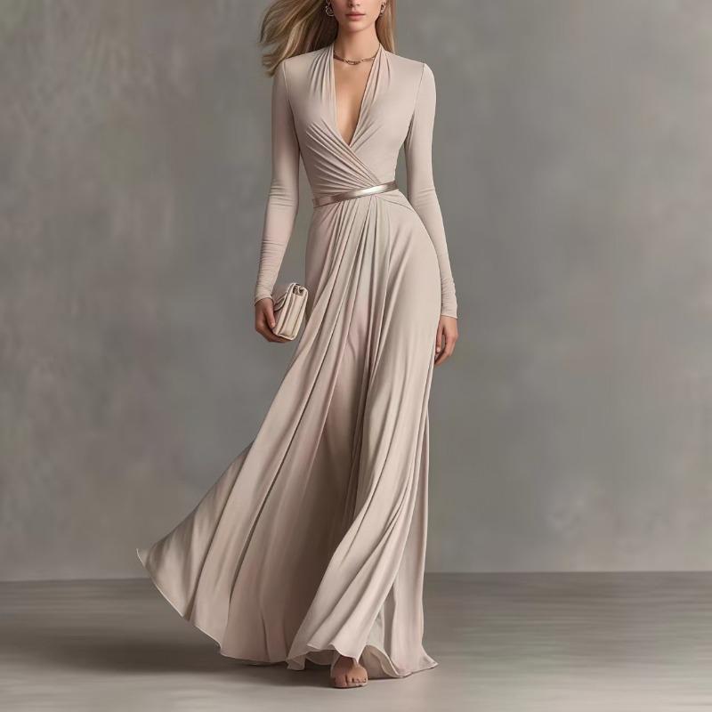 VEZFAA Women's Fashion Spring Autumn Solid Color Print Long Sleeve V-Neck High Waist Casual Dresses