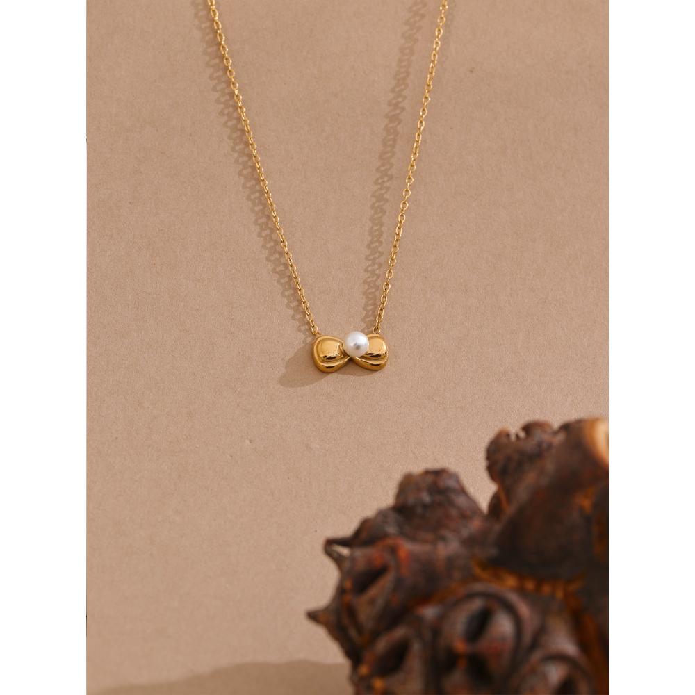 Yhpup Stainless Steel Cute Bow Knot Imitation Pearl Golden Pendant Necklace Women Trendy Chic Sweet Collar Jewelry Bijoux