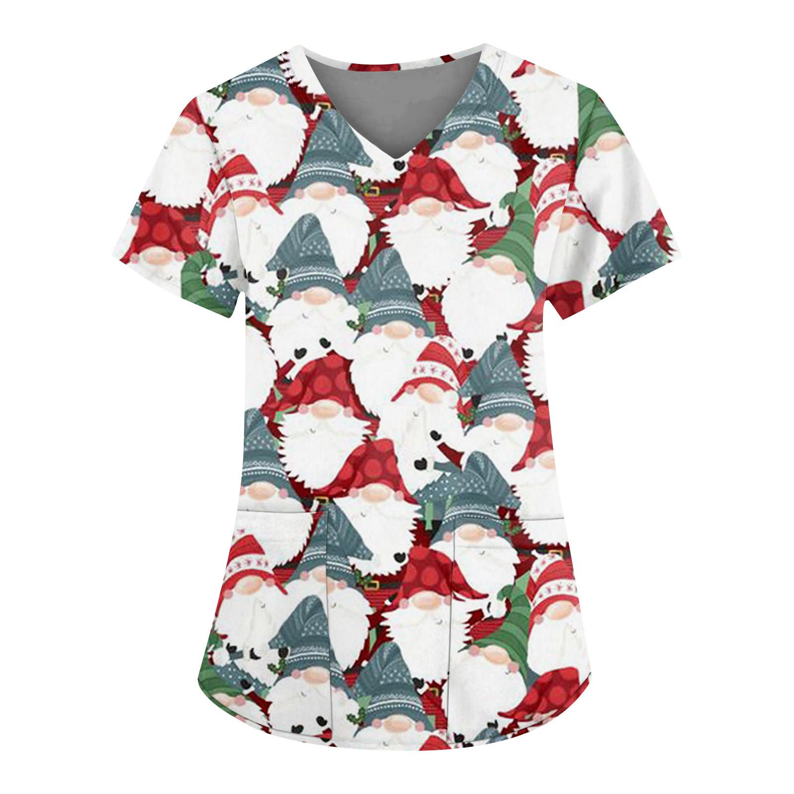 

Жіночий модний робочий одяг з V-подібним вирізом і короткими рукавами з кишенями, різдвяні топи з принтом M винний