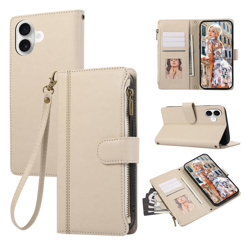For iPhone 17 Case Multi Card Slots Zipper Leather Phone Cover with Wrist Strap