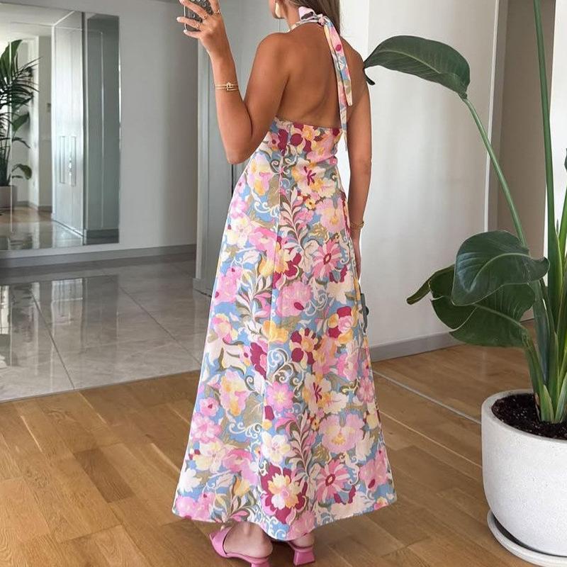 European and American Autumn New Products Sweet and Spicy Style Holiday Slim Digital Printing Suspender Lace Pendulum High-end Dress