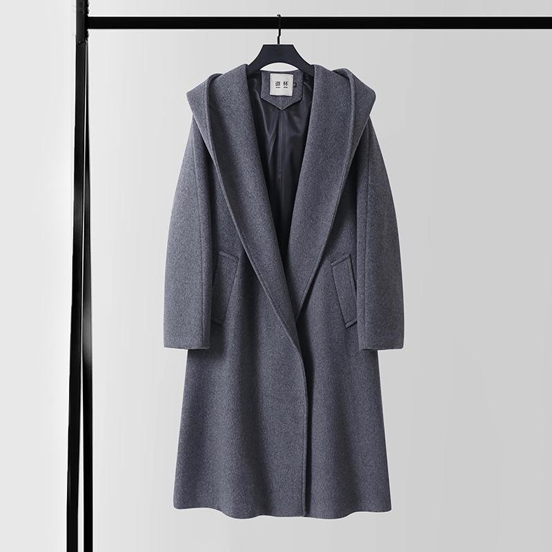 Winter Wool Cashmere Hooded Bathrobe: Long, Cozy, Belted Outerwear Coat Without Buttons
