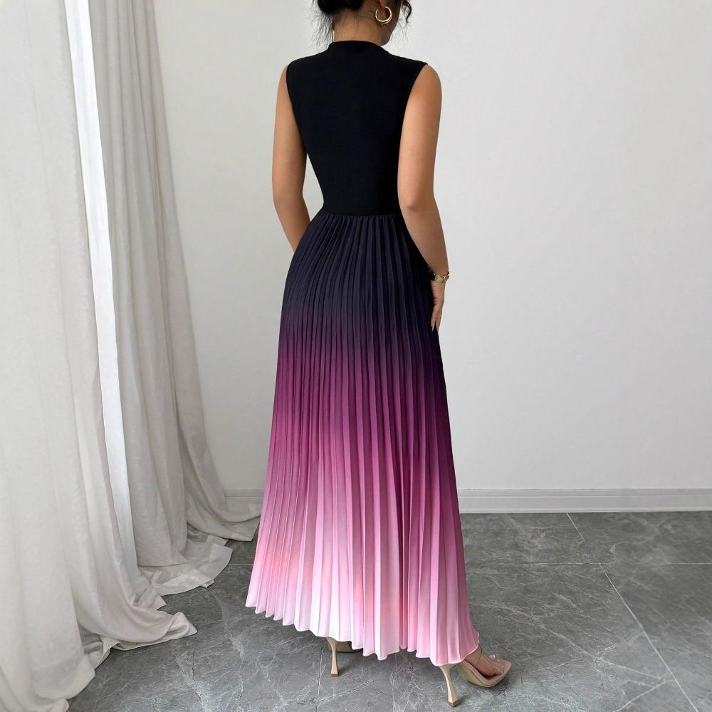 Women's Mock Neck Sleeveless Slim Fit Maxi Dress Pleated Ombre Color Long Gown