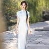 Elegant Blue Modern Chinese-Inspired Long Cheongsam Dress Women 2026 Vintage Fit With Lace Trim