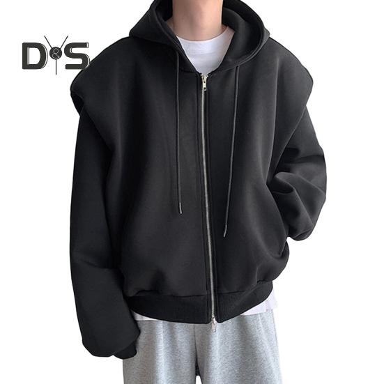 Мужская толстовка с капюшоном, завязками на шнурке, длинными рукавами, застежкой-молнией, спортивное пальто с карманами, однотонная свободная посадка, повседневная верхняя одежда M чёрный