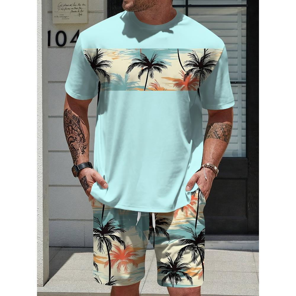 Cartoon Print Summer Casual Men's Suit Urban Fashion Street Short Sleeved Top and Shorts Casual Lightweight Breathable T-shirt Set