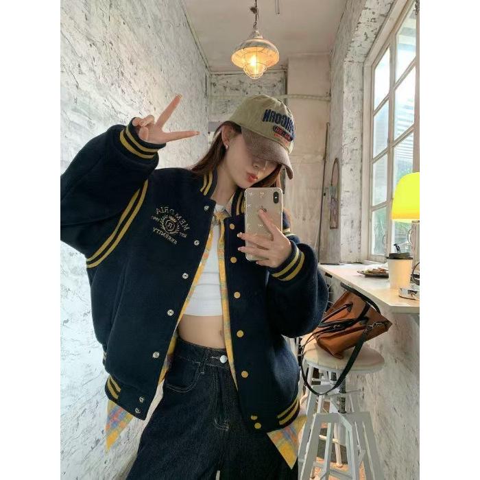 Unisex Retro Embroidered Color Block Baseball Jacket - Slimming & Versatile for Autumn/Winter XL темно-синий