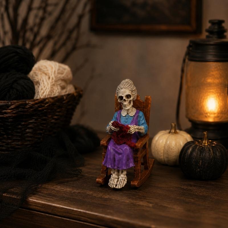 Halloween Rocking Chair Figure for Shelf Display and Room Styling, Skull Home Accent for Bookcase and Entry Placement