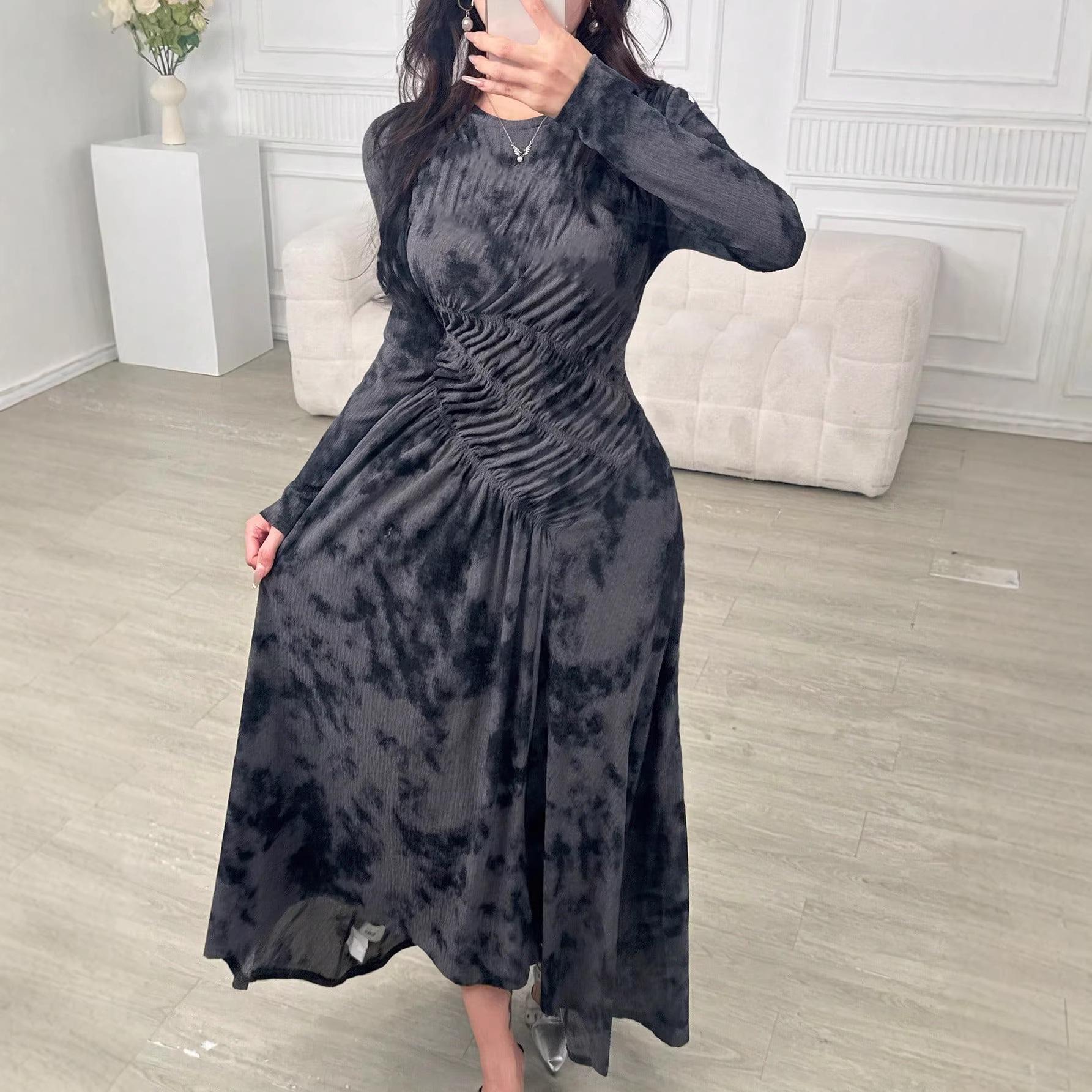 Women s Tie-dye Round Neck Long Sleeve Maxi Dress with Irregular Hem S серый