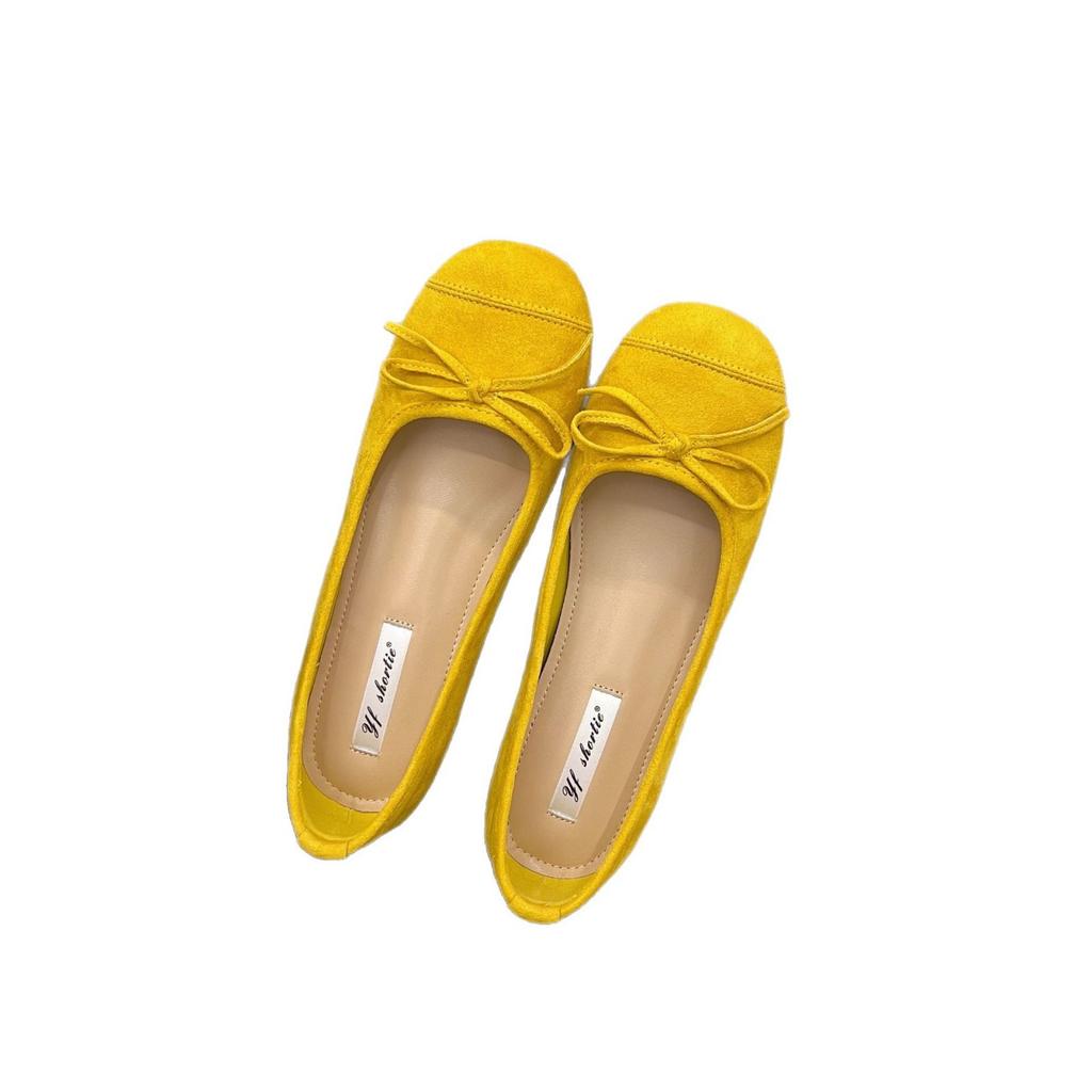 Höhenzunahme 5cm Wildleder Schleife runder Kopf flacher Mund Einzelne Schuhe Damen 25 Frühling neu retro Ein-Pedal flache Ballerinas