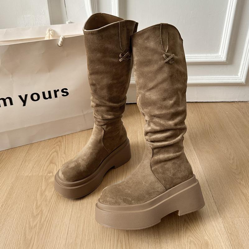 

Platform Thick Heel Women Western High Boots Height Increase Slip On Shoes Autumn Winter Ladies Punk Vintage Long Booties 35