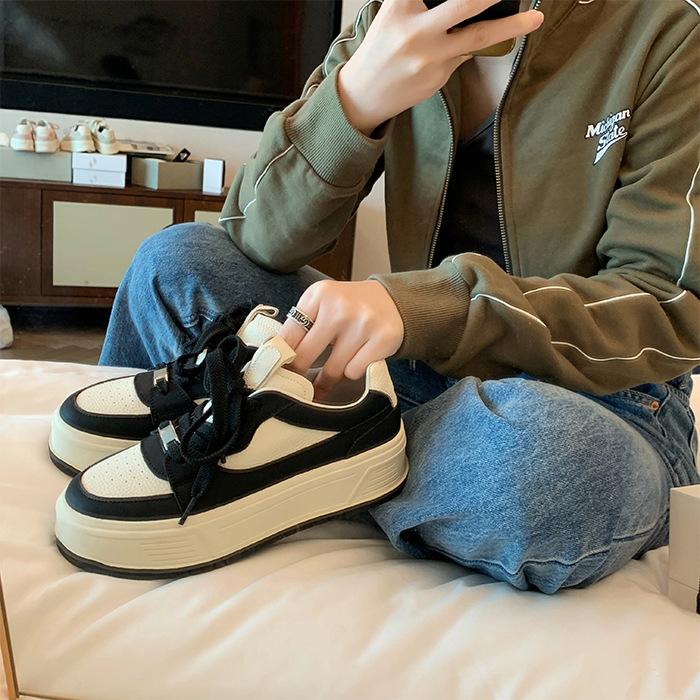 Cowhide~ Genuine Leather Little White Shoes Women's Round Head Color Matching Muffin Thick Sole Height Increase Casual Sports Shoes Versatile Lace-u