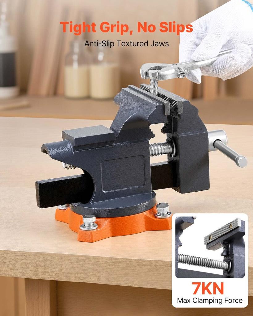 Bench Vise, 4.5 Inch, Portable Workbench Vice with 270° Swivel Base, Quick Release Rotating Bench Clamp, Cast Iron Construction, for Woodworking,