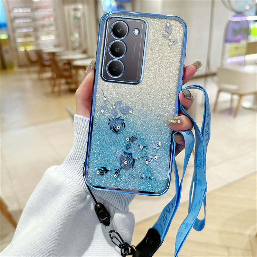 

KADEM For Realme 14x 5G Case Flower Pattern TPU Gradient Phone Cover with Lanyards Blue