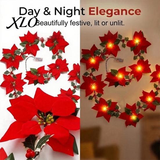Winter Wedding Floral Backdrop Christmas Poinsettia Garland with Light, 78/118 Inch Lighted Artificial Flower Party Atmosphere Lighting String