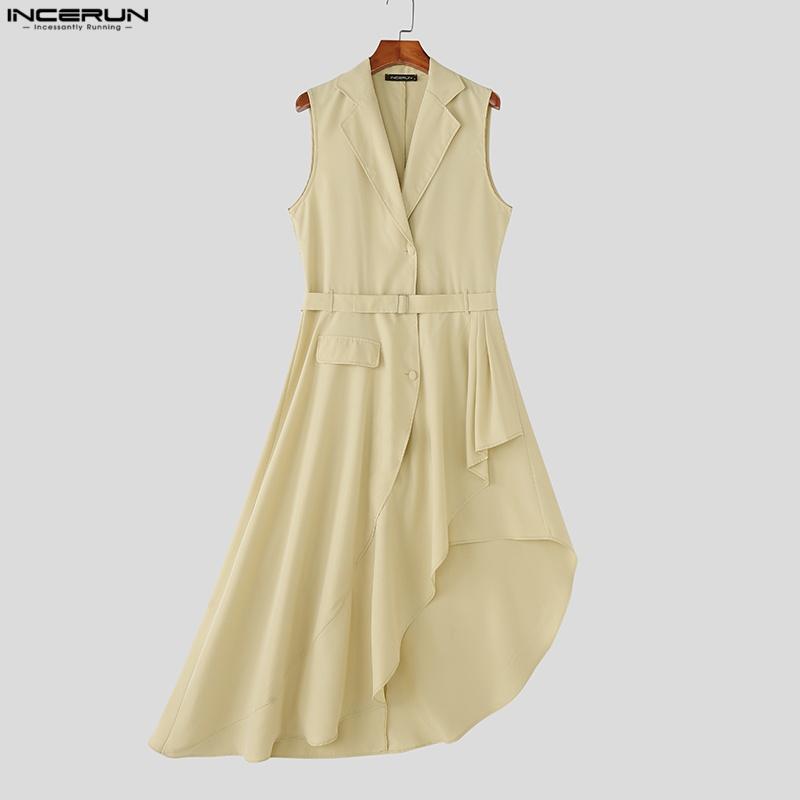 INCERUN Colete Longo Cardigã Sem Mangas com Lapela e Botões Irregular com Babados